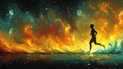 Naklejka premium Silhouette of a runner amidst fiery, cosmic landscape.