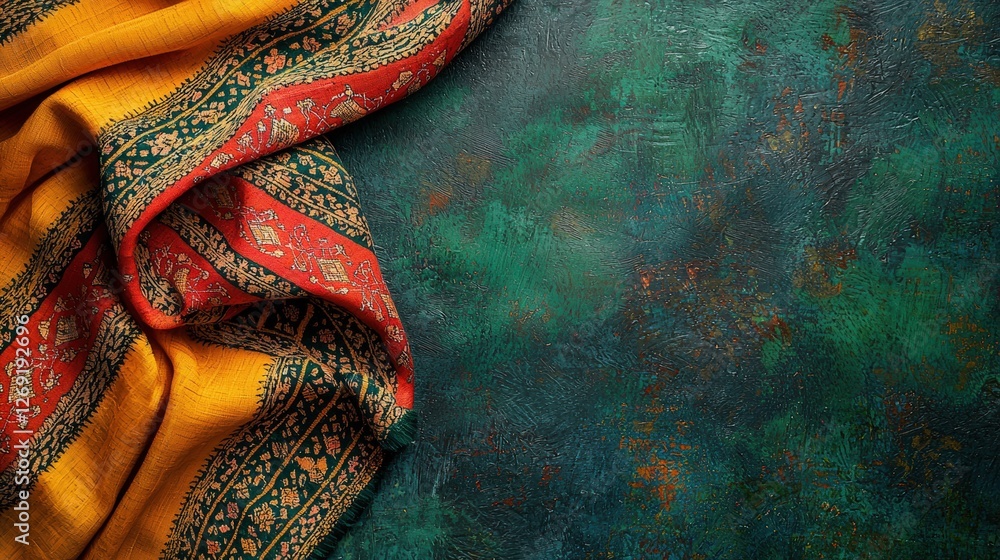 Poster vibrant textiles with intricate patterns on deep green background in photography