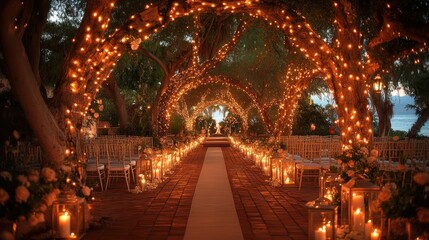 Obraz premium Romantic outdoor wedding ceremony aisle with string lights, candles, and floral arrangements under a tree canopy at night.