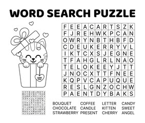 Romance word search game puzzle for kids. Black and white. English words. Isolated vector illustration eps 10