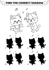 Cats in dance. Find the correct shadow. Black and white. Shadow matching game. Isolated vector illustration eps 10