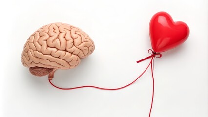 Brain and Heart Connection Red Balloon Concept, High-Angle View, White Background, Anatomy, Love Brain, Heart