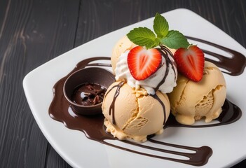 Rich chocolate ice cream scoops drizzled with honey nut syrup and topped with juicy cherries for a perfect blend of sweetness and flavor