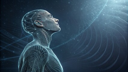 Digital Man Mesh Composition, Cosmic Background, AI Concept AI, Digital Art