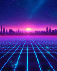 Neon Retro Grid Background with Futuristic Horizon Party Invitation 80s