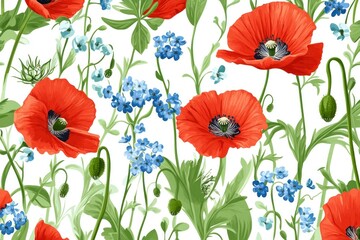 Fototapeta premium Vibrant floral pattern featuring red poppies and blue forget me nots on a bright white background, perfect for spring themed designs and textiles