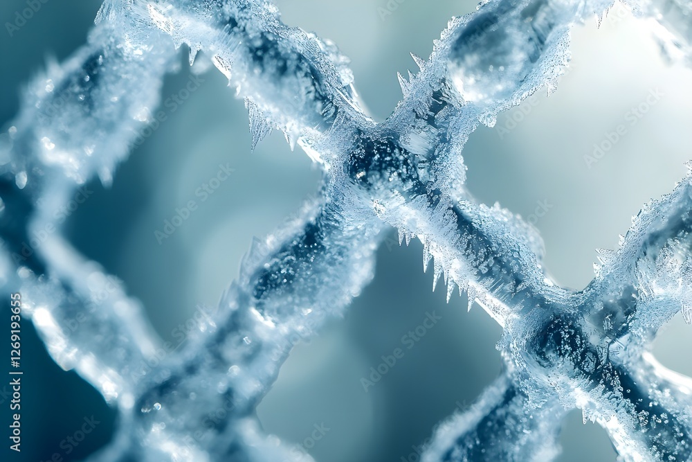 Poster a close-up image of a frozen mesh, showcasing intricate ice crystals and frost patterns against a bl