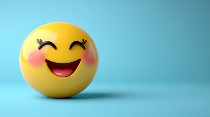 Happy yellow emoticon with rosy cheeks and closed eyes laughing.
