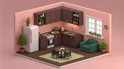 Isometric Kitchenette Pink Walls, Dark Cabinets, Cozy Concept, 3D Render, Interior Design 3D rendering, isometric view