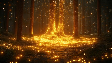 Magical glowing tree in dark forest at night.