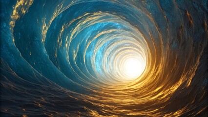 Oceanic Vortex Blue and Gold Swirl Tunnel to Light, Digital Art, Abstract, Water, Light Ocean, Abstract Art