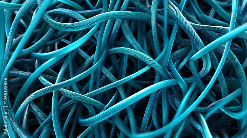 Poster a striking 3d illustration depicting a complex network of intersecting turquoise lines on a dark bac