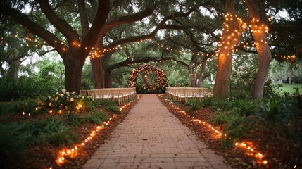 Fototapeta premium Romantic outdoor wedding ceremony setup under trees with lights and aisle.