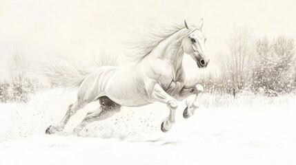 Obraz premium White horse running through snowy landscape painting