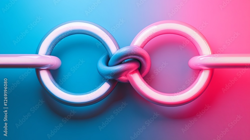 Poster Interlocking rings illuminated with blue and pink light showcasing strong connection and unity in a modern design setting