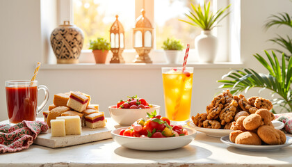 Festive Eid table arrangement displaying sweets and drinks in sunlight, celebration