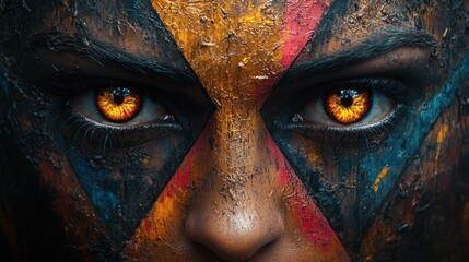 Close-up of a woman's face with intense orange eyes and tribal paint.