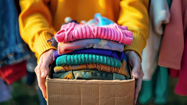 a volunteer holds a box with things. selective focus