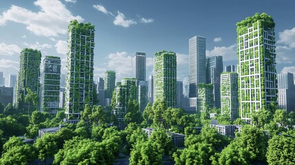 Fototapeta premium Greenery reclaiming futuristic cityscape.