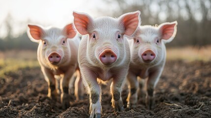 Three Playful Piglets Walking Together on a Farm During a Beautiful Sunny Day