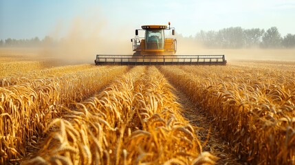 Fototapeta premium Realistic Farming Scene with Harvesting Equipment in Golden Wheat Field under Bright Sky