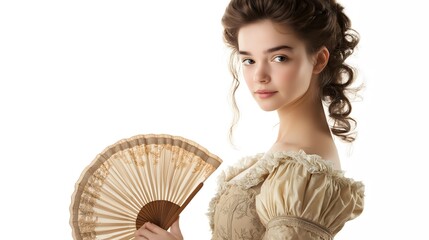 Portrait of young woman in beige Victorian era dress with decorative fan, historical costume photography with authentic period styling, elegant renaissance fashion isolated on white background