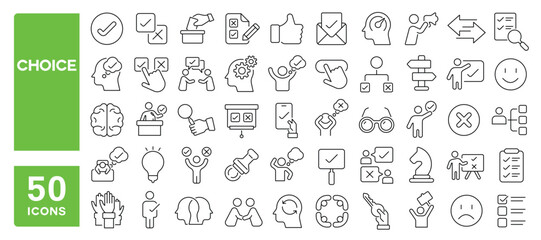 Set of 50 line icons related to choice, choose, decision, election, selection, variety, option, true, false, agreement, dilemma, opinion, checkbox, Editable stroke. Vector illustration