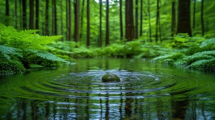 Serene forest pond with ripple effect from a stone.