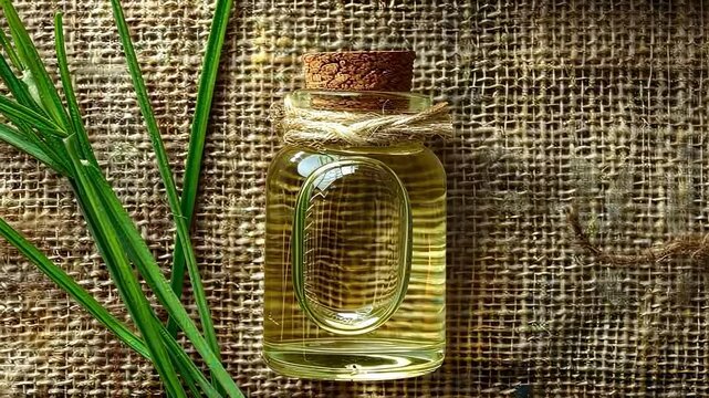 vetiver essential oil on burlap background. selective focus