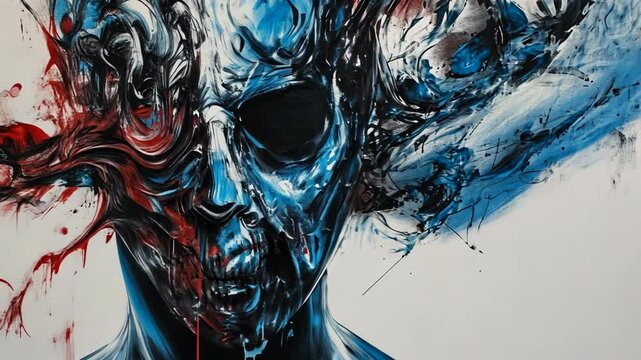 Artistic representation of a skull and abstract patterns in a striking mural