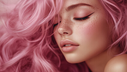 Beautiful Woman with Pink Hair and Soft Makeup in Close-Up with Closed Eyes