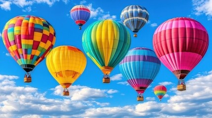 Obraz premium Colorful hot air balloons soaring in a vibrant blue sky filled with fluffy white clouds.
