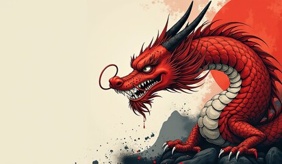 Vibrant Red Dragon Perched Against a Majestic Sunset Sunlit Landscape. A red dragon with a red sun in the background.