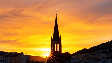 Sunset silhouette of a historic church spire cityscape photography urban environment dramatic viewpoint