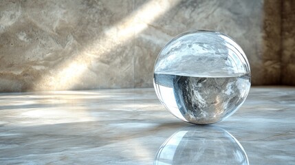Glass sphere with water and sky reflection on marble.
