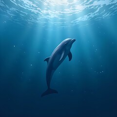 Fototapeta premium A digital illustration of a dolphin swimming in the ocean, surrounded by blue water and sunlight.