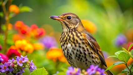 Fototapeta premium Song Thrush Feeding Chicks in English Country Garden - Wildlife Photography