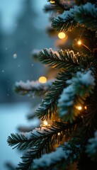 Snowflakes gently falling on a Christmas tree, festive, peaceful