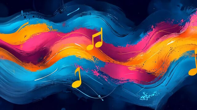 Colorful painting of musical notes and a rainbow. The painting is full of vibrant colors and has a lively, energetic feel to it. The notes are scattered throughout the painting