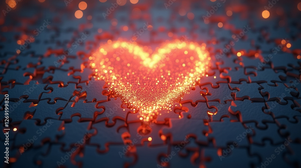 Poster a heart made of puzzle pieces with a glowing light inside. the puzzle pieces are scattered around th
