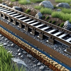 3D Cross-Sectional Illustration of a train steel railway Structure with Detailed Underground Layers – Asphalt Surface, Gravel Base, Compacted Soil, and Engineering Design for Durability