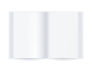 Vector realistic open book with empty pages. Book Mockup with hardcover. Blank Template. Thick Magazine, album or catalog on white background. 3d vector illustration. EPS10. Front view.