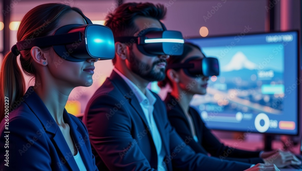 Poster three people wearing vr goggles are sitting in front of a computer monitor. they are wearing suits a