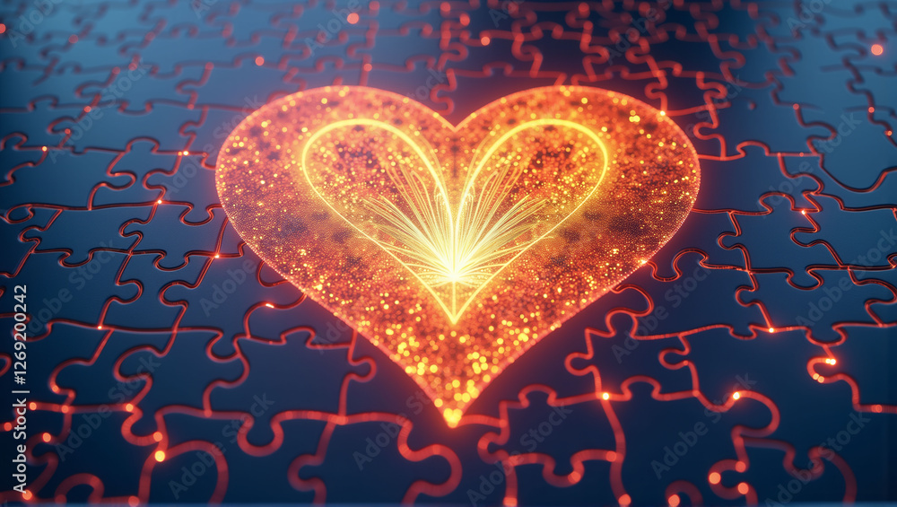 Poster a heart made of puzzle pieces with a glowing light inside. the puzzle pieces are scattered around th