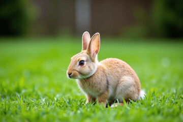 Fototapeta premium Small rabbit on freshly cut green grass in garden or park