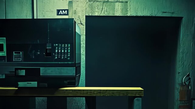 A dimly lit industrial space featuring a table, vending machines, and a door.