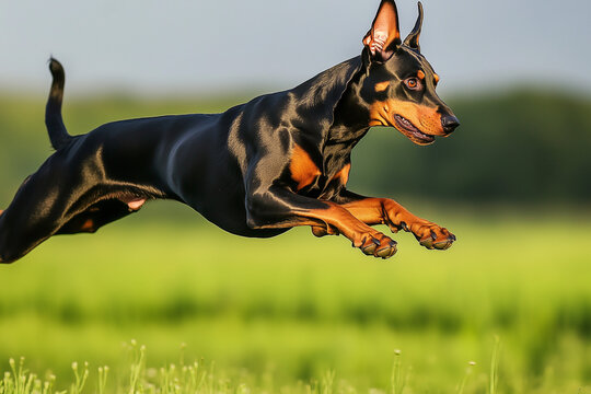 Doberman Pinscher jumping in field for pet blogs, training websites, and advertisements