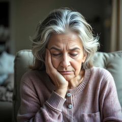 A sad, exhausted elderly woman sitting at home, deep in thought, reflecting on grief, loneliness, and the past.