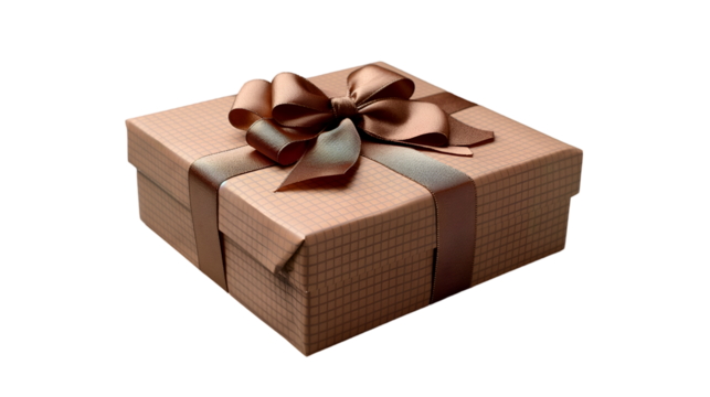 Brown Gift Box with Ribbon Bow Beige Luxury Design, Square Holiday Package, isolated on transparent background.