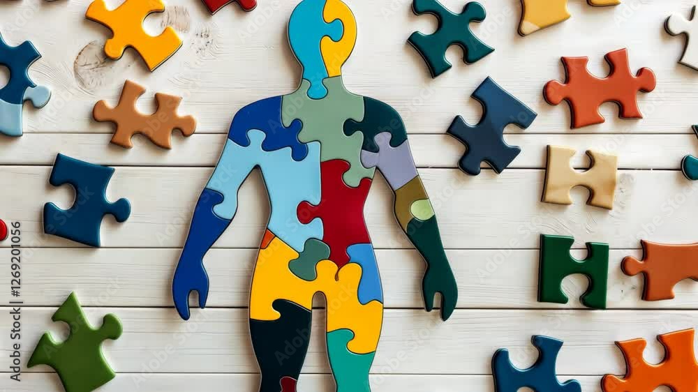 Poster puzzle of a person with a brain and a heart is surrounded by other puzzle pieces. the puzzle is inco